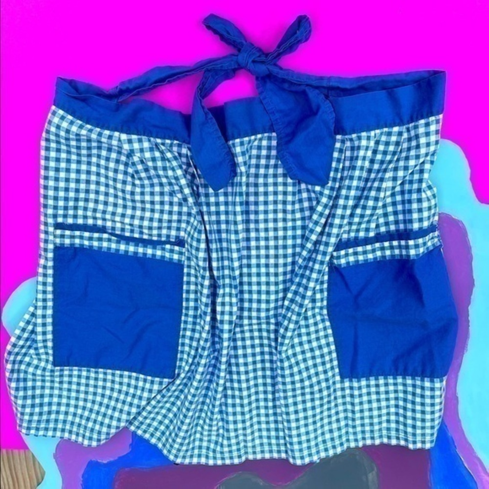 Waist Apron Blue Gingham Pattern with Two Front Pockets Adult Size